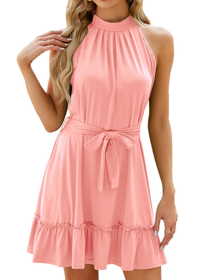Knot Back Belted A-Line Mini Dress in Solid Halter