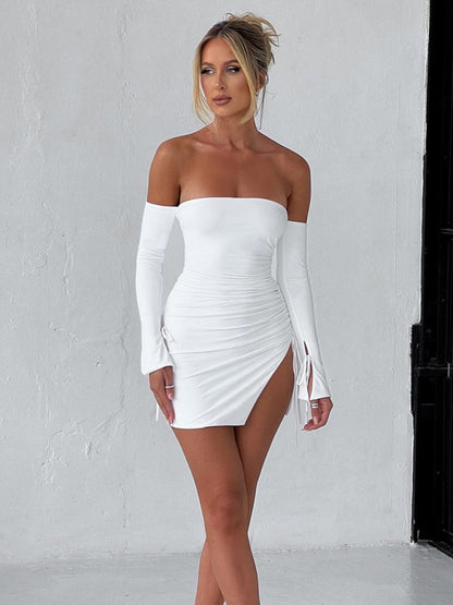Mini Dresses- Night Out in Off-Shoulder Bodycon Mini Dress with Long Sleeves & Ruched Side- Chuzko Women Clothing