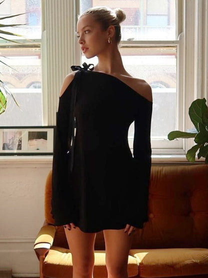 Solid One-Shoulder Mini Dress with Long-Sleeve