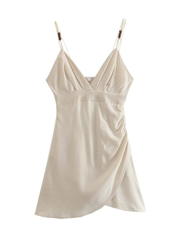 Mini Dresses- Solid V-Neck Surplice Cami Sundress- - Chuzko Women Clothing