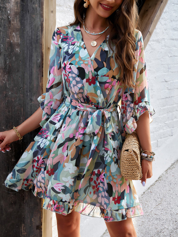 Mini Dresses- Springtime Surplice V-Neck Floral Dress with Flared Sleeves- - Chuzko Women Clothing