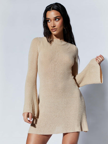 Mini Dresses- Textured Bell Sleeve Backless A-Line Mini Dress- Chuzko Women Clothing