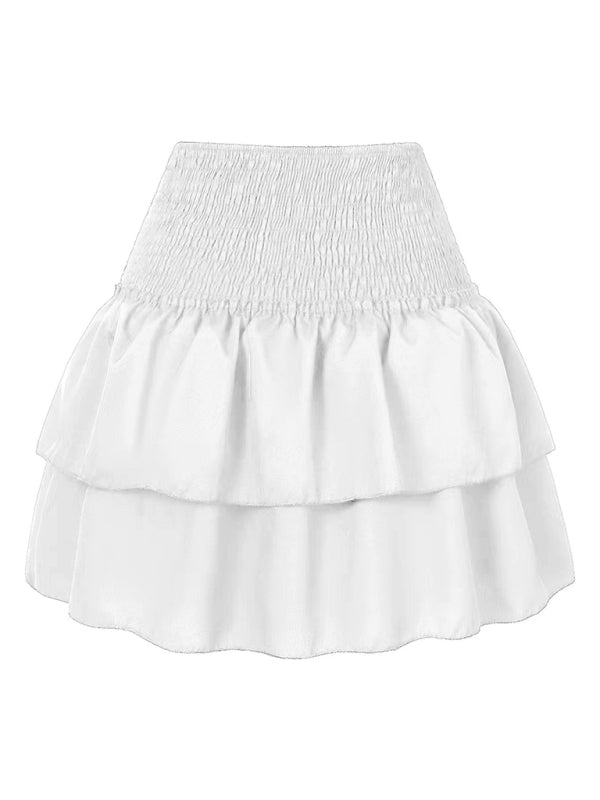 Mini Skirts- Women's Layered Mini Skirt in Floral Print with Smocked Waist- White- Chuzko Women Clothing