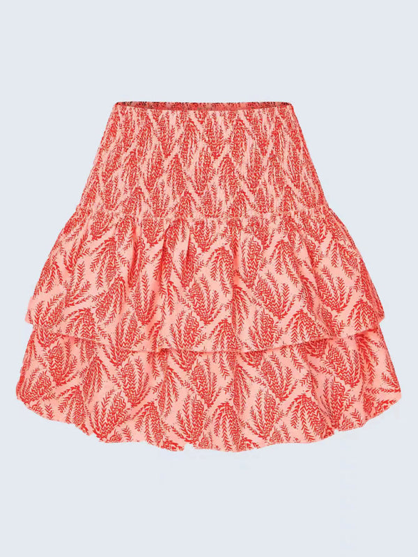 Mini Skirts- Women's Layered Mini Skirt in Floral Print with Smocked Waist- - Chuzko Women Clothing