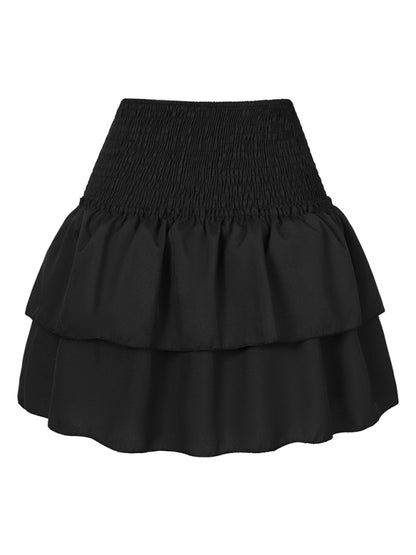 Mini Skirts- Women's Layered Mini Skirt in Floral Print with Smocked Waist- Black- Chuzko Women Clothing