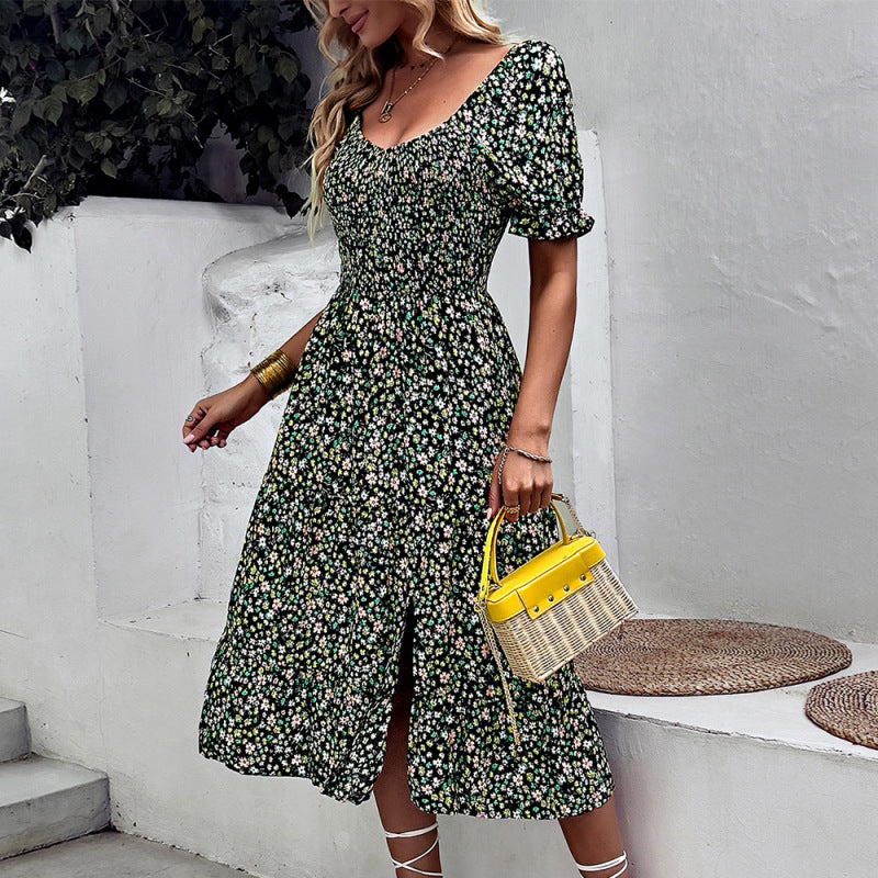 Ditsy Floral Scoop Neck Midi Dress with Slit Side & Shirred Bodice Floral Dresses - Chuzko Women Clothing