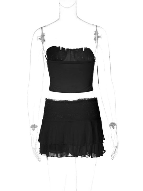 Night Out Outfit- Women's Lace 2-Piece See-Through Tube Bustier Corset and Layered Skirt- Chuzko Women Clothing
