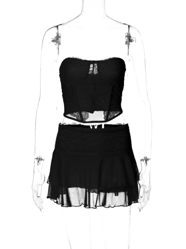 Night Out Outfit- Women's Lace 2-Piece See-Through Tube Bustier Corset and Layered Skirt- Chuzko Women Clothing