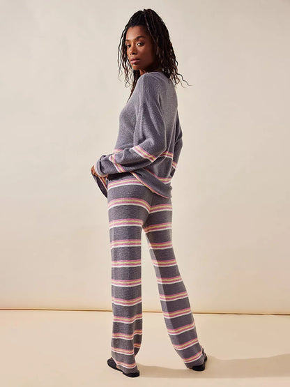 2-Piece Cozy Striped Knit Raglan Sleeve Sweater & Straight Pants Set