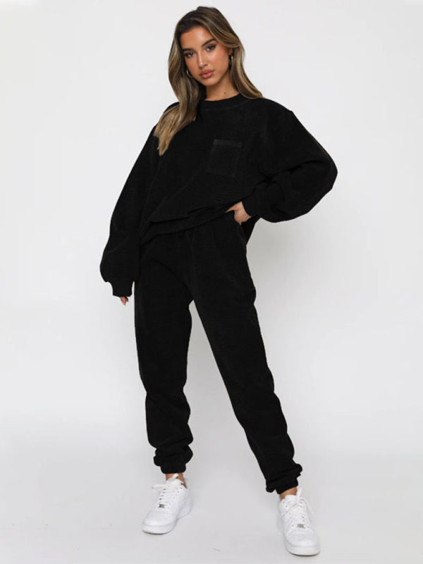 Outfit Set- Cozy Corduroy Combo Sweatpants & Sweatshirt 2-Piece Set- Chuzko Women Clothing
