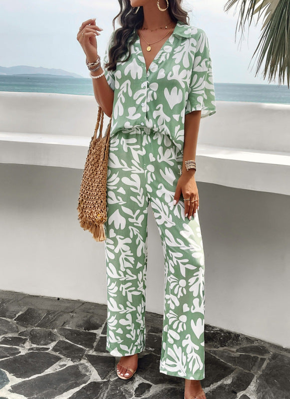Outfit Sets- 2-Piece Summer Outfit with Straight Pants and Shirt- Chuzko Women Clothing
