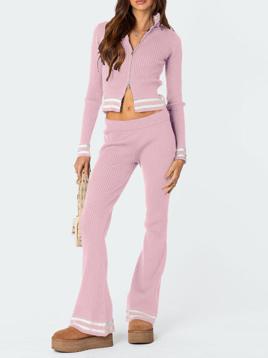 Trendy 2-Piece Ribbed Knit Crop Cardigan and Flared Pants with Striped Detail