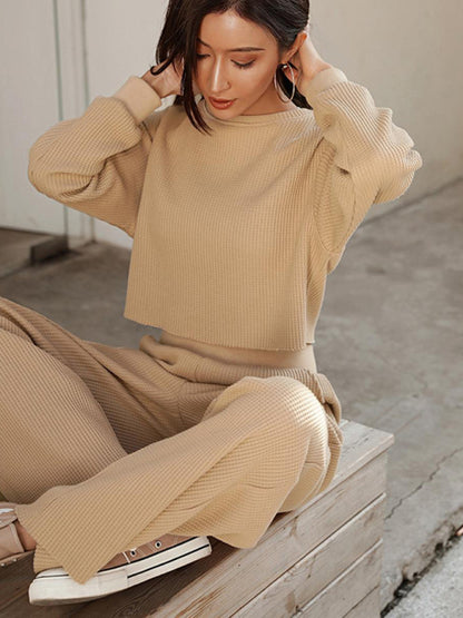 Waffle Duo Long Sleeve Crop Pullover & Flared Pants Set for You