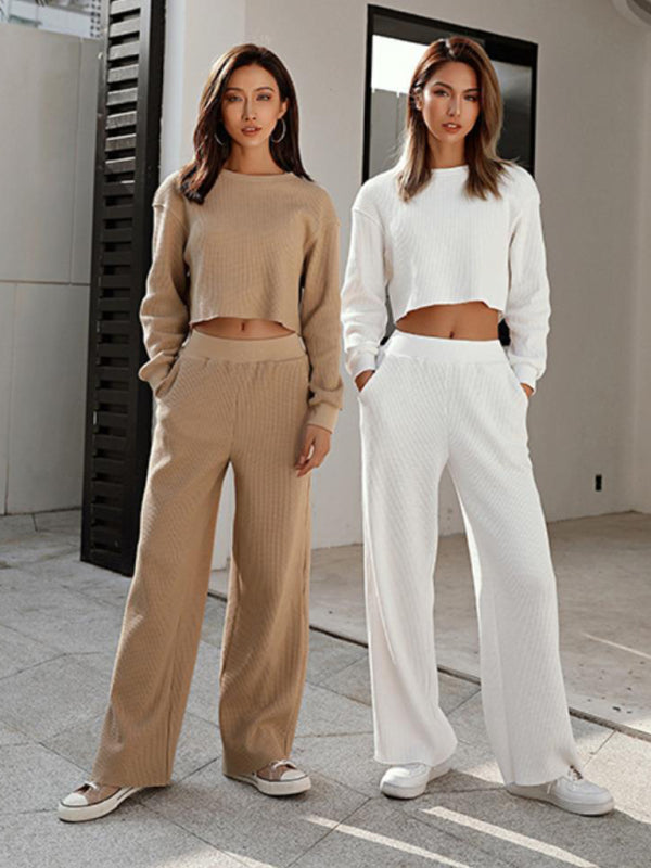 Waffle Duo Long Sleeve Crop Pullover & Flared Pants Set for You