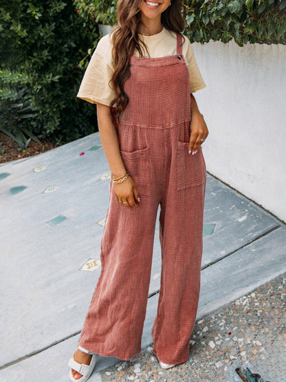 Textured Cotton Wide Leg Bib Overalls - Pocket Pantsuits Overalls - Chuzko Women Clothing