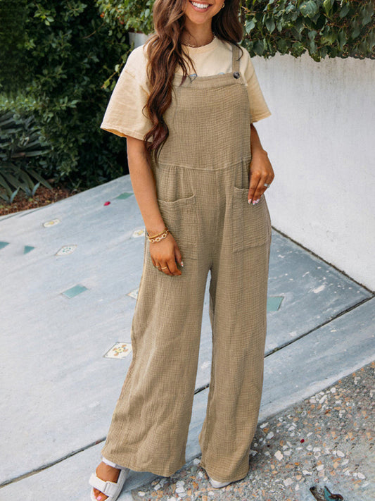 Textured Cotton Wide Leg Bib Overalls - Pocket Pantsuits Overalls - Chuzko Women Clothing