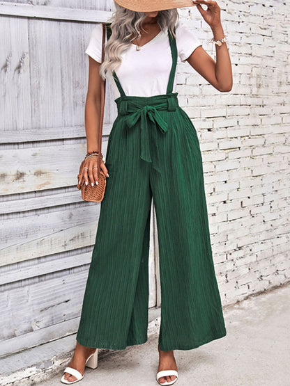 Overalls- Women's Ribbed Wide-Leg Bowknot Jumpsuit Overalls- - Chuzko Women Clothing