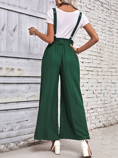 Overalls- Women's Ribbed Wide-Leg Bowknot Jumpsuit Overalls- - Chuzko Women Clothing