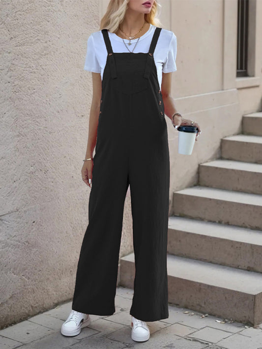 Overalls- Women's Solid Bib Pants Overalls - Full-Length Utility Playsuit- Black- Chuzko Women Clothing