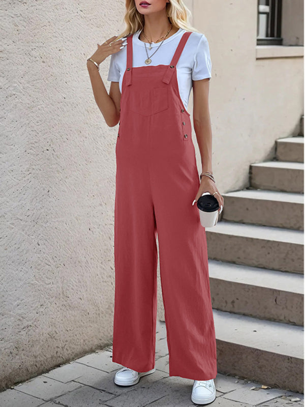 Overalls- Women's Solid Bib Pants Overalls - Full-Length Utility Playsuit- Brick red- Chuzko Women Clothing