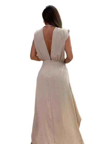 Elegant Solid Plunge Neck High-Low Overskirt Dress