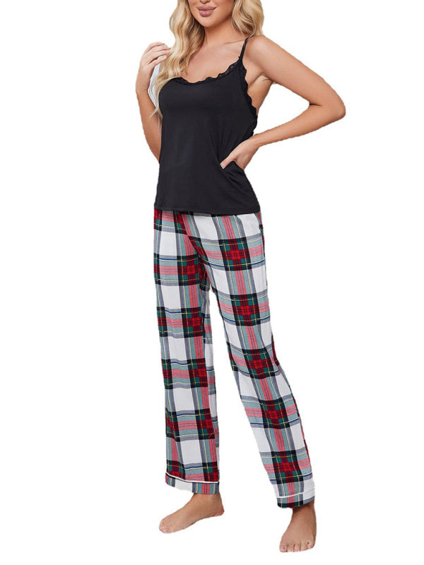 Pajamas- Comfy 2-Piece Plaid Pajamas Cami & Pants Sleep Set- Chuzko Women Clothing