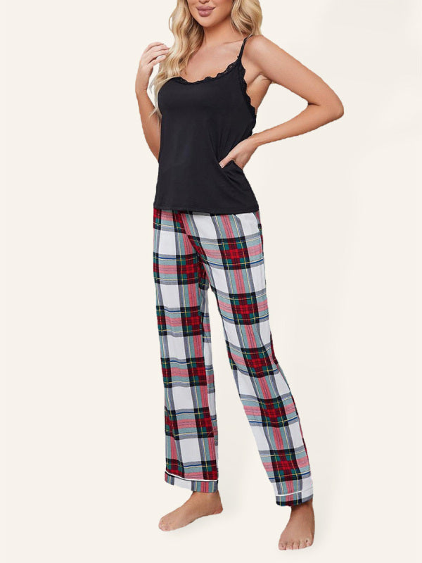 Pajamas- Comfy 2-Piece Plaid Pajamas Cami & Pants Sleep Set- Chuzko Women Clothing