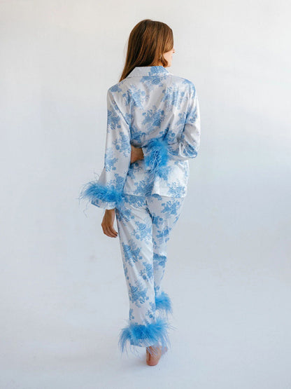 Elegant Satin Feather-Trimmed Pajama 2 Piece Pants & Lapel Shirt