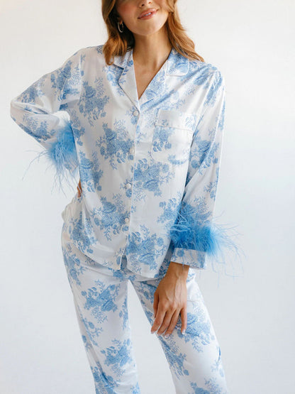 Elegant Satin Feather-Trimmed Pajama 2 Piece Pants & Lapel Shirt