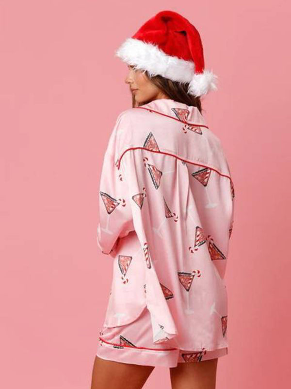 Pajamas- Festive Print Pajamas Long Sleeve Shirt & Shorts Set in Luxe Satin- Chuzko Women Clothing