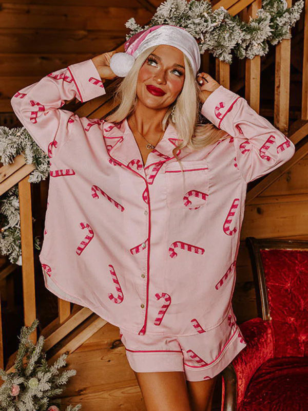 Pajamas- Festive Print Pajamas Long Sleeve Shirt & Shorts Set in Luxe Satin- Chuzko Women Clothing