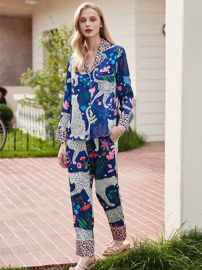 Pajamas- Floral Animal Print PJs - 2 Piece Set with Shirt & Pants- Chuzko Women Clothing