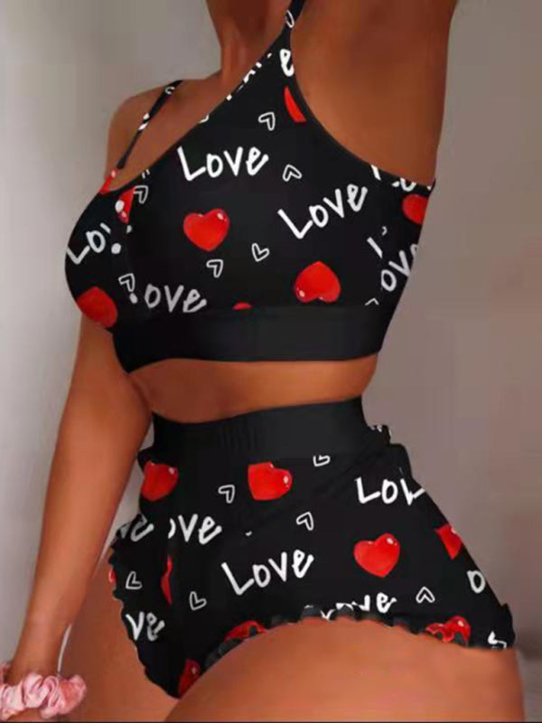 Pajamas- Love-Filled Heart Print 2-Piece Sleepwear with Cami and Shorts- Chuzko Women Clothing