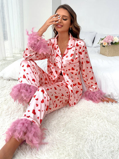 Pajamas- Love-Inspired Feather Pajamas - Cozy 2-Piece Sleepwear Set- Chuzko Women Clothing