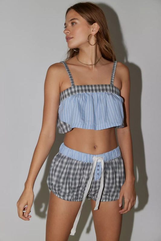Pajamas- Plaid Crop Cami & Shorts Summer Sleepwear for Slumber Jammies- Chuzko Women Clothing