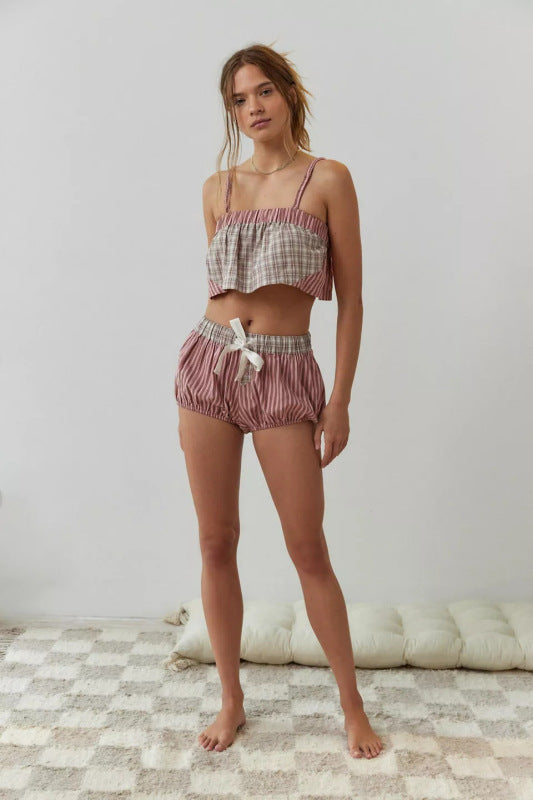 Pajamas- Plaid Crop Cami & Shorts Summer Sleepwear for Slumber Jammies- Chuzko Women Clothing