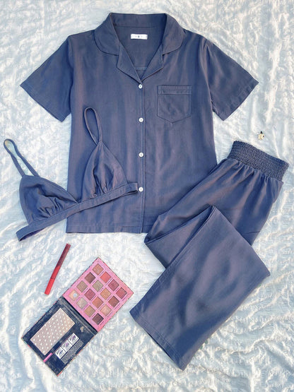 Pajamas- Slumber 3-Piece Solid Sleepwear with Shirt & Bra and Pants- Chuzko Women Clothing