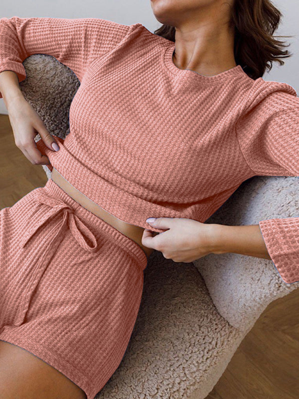 Pajamas- Waffle PJs 2-Piece Sleepwear Set with Long Sleeve Tee- Chuzko Women Clothing