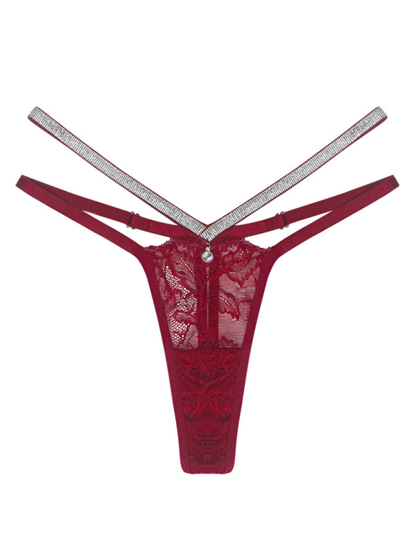 Panties- Lace Sparkle T-String Lingerie for Women- Wine Red- Chuzko Women Clothing
