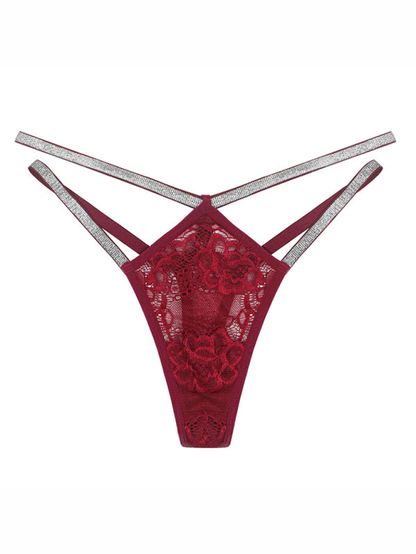 Panties- Sparkle T-String Lace Panty Underwear Lingerie- Wine Red- Chuzko Women Clothing