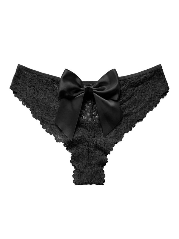 Panties- Women's Floral Lace Panty with Elegant Bow Back- Black- Chuzko Women Clothing