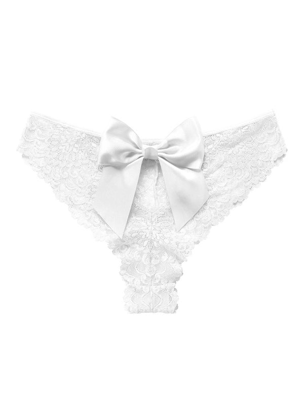Panties- Women's Floral Lace Panty with Elegant Bow Back- White- Chuzko Women Clothing