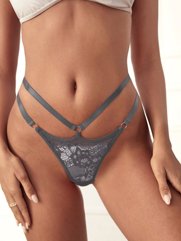 Panties- Women's Floral Lace Strappy Thong G-String Panty- Grey- Chuzko Women Clothing