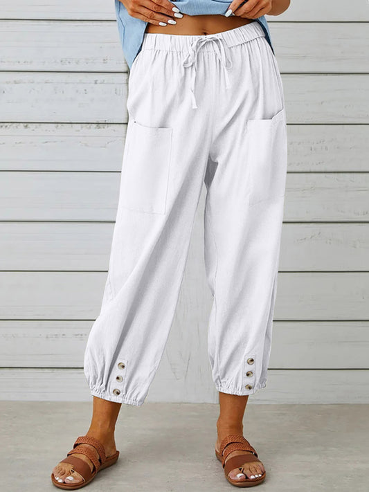 Pants- Cotton Linen Elastic Waist Pants - Summer Essential- Chuzko Women Clothing