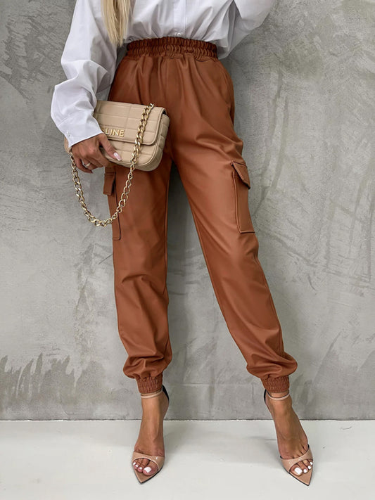 Pants- High-Rise Cargo Pencil Pants in Faux Leather- Chuzko Women Clothing