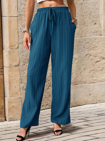 Pants- Ribbed Trousers - Women's Straight-Leg Pants with Handy Pockets- - Chuzko Women Clothing