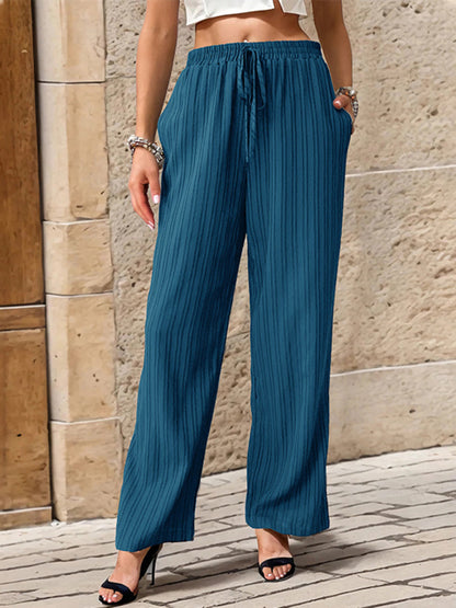Pants- Ribbed Trousers - Women's Straight-Leg Pants with Handy Pockets- Blue- Chuzko Women Clothing