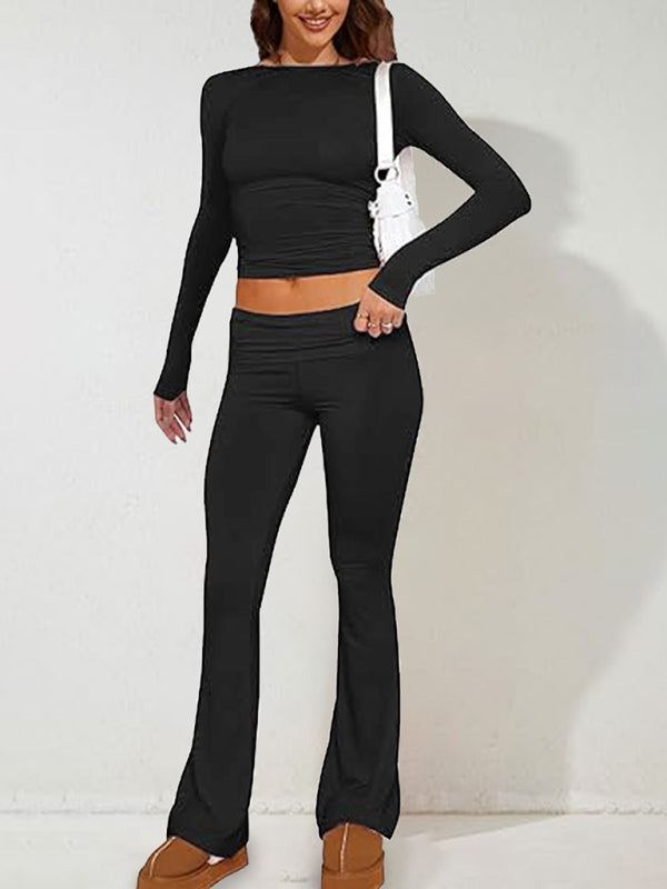 Pants Set- Women's Sporty Solid Set - Long Sleeve Tee & Wide-Waist Pants- - Chuzko Women Clothing