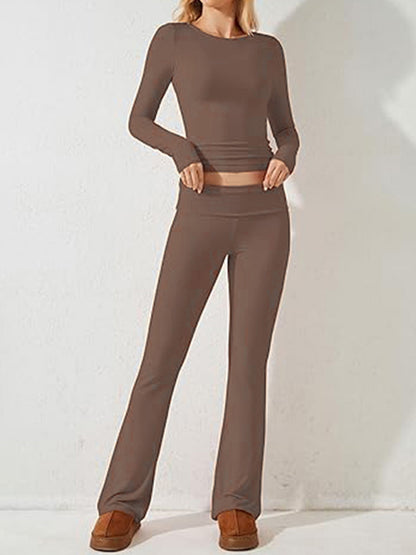 Pants Set- Women's Sporty Solid Set - Long Sleeve Tee & Wide-Waist Pants- Brown- Chuzko Women Clothing