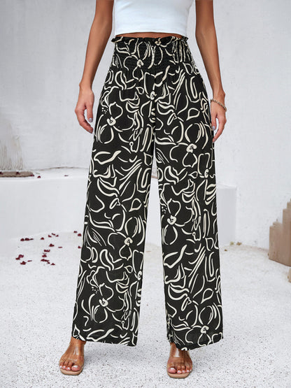 Smocked High Rise Tropical Trousers - Wide Leg Pants
